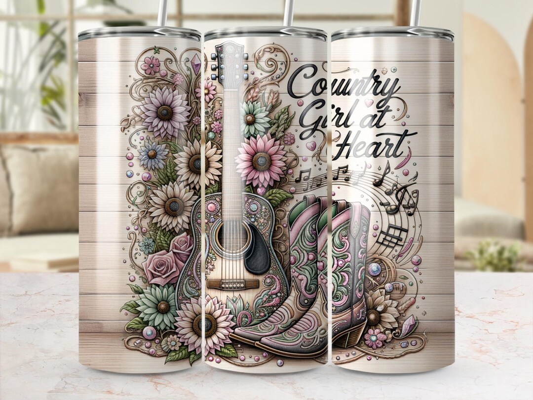 Country Girl 20 Oz Tumbler Wrap PNG, Guitar Boots Seamless Sublimation ...