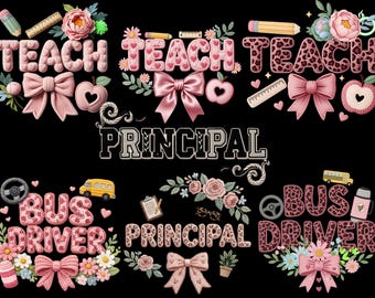 7  Faux Crochet Teacher, Bus Driver, Principal PNG Bundle, School Appreciation Sublimation Shirt Designs, Trendy Digital Downloads Only