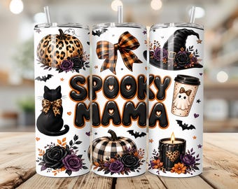 Spooky Mama Halloween Tumbler Wrap, 20 oz PNG, Leopard Plaid Halloween Vibes, Witchy Cat Ghost Coffee, Seamless Sublimation Digital Download