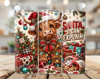 Diseño de vaca de las Tierras Altas para vaso navideño de 20 oz (PNG), diseño divertido de vaca navideña para sublimación (Santa Claus: Puedo explicarlo), descarga digital de envoltorio delgado de moda