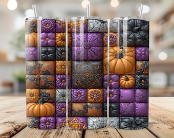 Halloween Quilted Tumbler Wrap, 20 oz PNG, Spooky Cute Pumpkins and Webs, Faux 3D Effect, Seamless Sublimation Design Digital Download