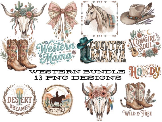 Boho Western PNG Bundle, Cowgirl Mama Graphics, Western Boho Shirt Designs, Trendy Country PNG Digital Download ONLY