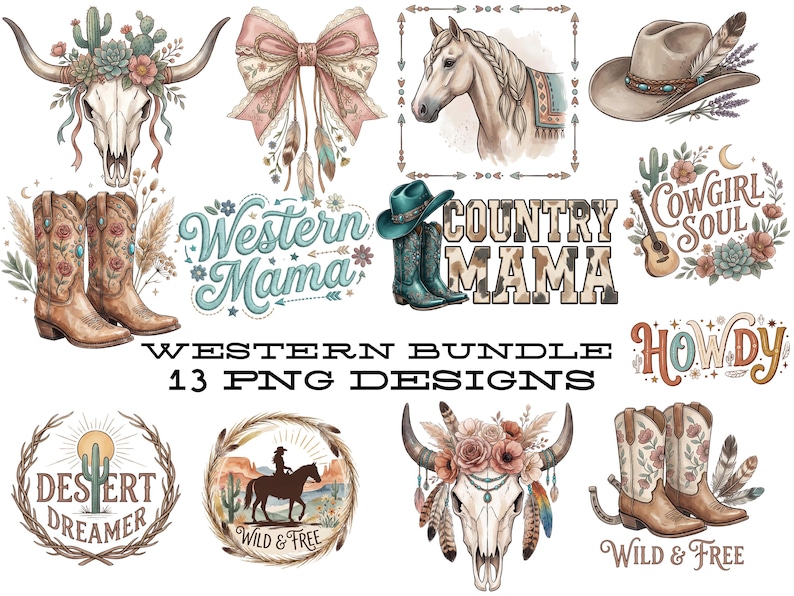 Pacote de PNGs Boho Western, Gráficos de Cowgirl Mama, Designs de Camisetas Boho Western, PNG Country Moderno para Download Digital (SOMENTE) imagem 1