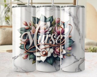 Floral Stethoscope Nurse Tumbler Wrap PNG, Seamless Sublimation Design Instant (Digital Download)
