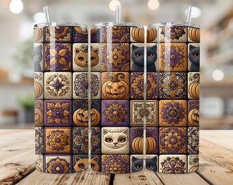 Spooky Cats & Pumpkins Tumbler Wrap 20 oz PNG,Quilted Halloween Tile Pattern, Purple Gold Cream Seamless Sublimation Digital Download