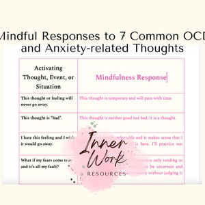 May include: A white and pink infographic titled "Mindful Responses to 7 Common OCD and Anxiety-related Thoughts." The chart lists activating thoughts and mindfulness responses. The "Inner Work Resources" logo is at the bottom.