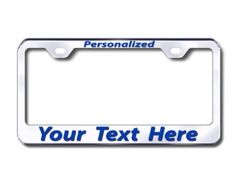 Puede incluir: Un marco de matrícula de coche plateado con el texto "Personalizado" en azul en la parte superior y "Tu texto aquí" en azul en la parte inferior.
