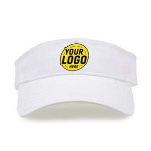 May include: White visor with a curved brim. The visor has a yellow circle with the words "YOUR LOGO HERE" in black. The visor is made of a lightweight material and is designed to shield the eyes from the sun.