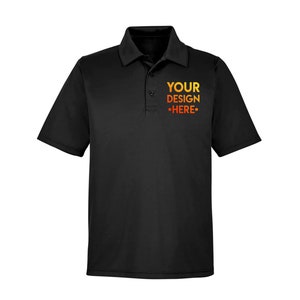 May include: Black short-sleeved polo shirt with a gradient yellow and orange text design that says "YOUR DESIGN HERE".