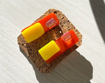 Handmade Fused Glass Earrings, Orange Yellow Geometric Studs