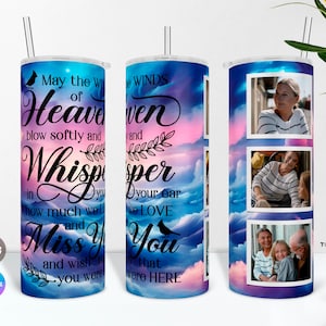 Carta da regalo commemorativa con tre immagini e citazione del cielo, disegno della tazza RIP, tumbler Grief PNG, tumbler per foto In Loving Memory, cornici Canva
