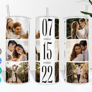 Fotocollage Tumbler Design met het jubileumjaar en de namen van een paar, gepersonaliseerde fotobeker Sublimatie PNG, SVG & Canva Wrap