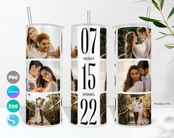 Photo Collage Tumbler Design with the Anniversary Year and the Names of a Couple, Personalized Picture Cup Sublimation PNG, SVG & Canva Wrap