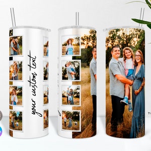 May include: A white tumbler with a black outline around a collage of photos. The photos feature a family of four in a field. The text "your custom text" is printed on the tumbler.