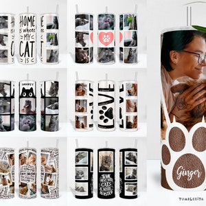 Paquete de vasos con collage de fotos de gatos, diseño de taza para mamá gata, vasos con fotos PNG y plantillas Canva para amantes de los gatos, vasos con fotos de gatitos personalizados
