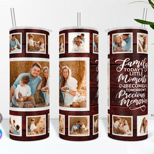Könnte beinhalten: Ein Set aus drei Edelstahl-Bechern mit Holzmaserung. Jeder Becher zeigt ein anderes Familienfoto und den Text "Family Today's Little Moments Become Tomorrow's Precious Memories".