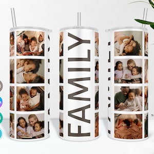 May include: White tumbler featuring a collage of family photographs. The tumbler has the word "FAMILY" printed in black vertical lettering on the front. The photos depict a range of people, including children, adults, and couples.