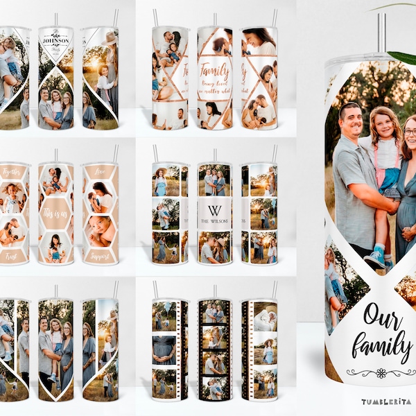 Familienfoto-Collage-Tumbler-PNG-Wraps und Canva-Vorlagen, personalisiertes Tassendesign mit Familiennamen und Bildern, Fotos hinzufügen Tumbler-Bundle