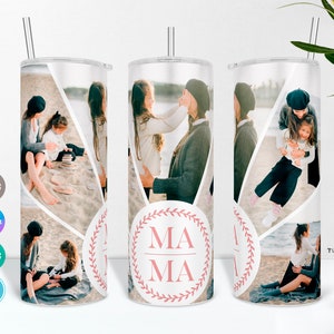 May include: A white tumbler with a pink and white floral design and the word "MA-MA" in the center. The tumbler has a straw and is decorated with photos of mothers and daughters.