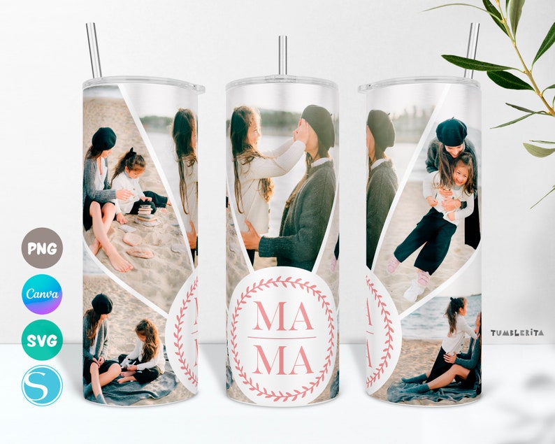 May include: A white tumbler with a pink and white floral design and the word "MA-MA" in the center. The tumbler has a straw and is decorated with photos of mothers and daughters.