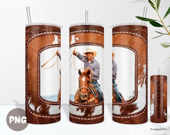 Western Cowhide Leather Personalized Photo Tumbler, Add Your Picture & Name Cup Wrap, Cowboy Tumbler, Gift for Dad, Husband, Boyfriend, 20oz