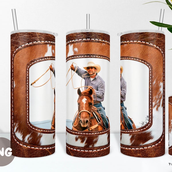 Western Cowhide Leather Personalized Photo Tumbler, Add Your Picture & Name Cup Wrap, Cowboy Tumbler, Gift for Dad, Husband, Boyfriend, 20oz