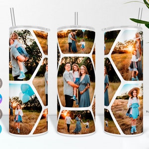 Vaso con foto familiar en formato PNG para sublimación, agregue su diseño de taza con fotos para vaso delgado de 20 oz, vaso con collage de fotos PNG, descarga digital