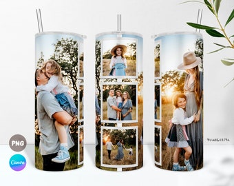 Five Photo Tumbler Design for Family, Picture Cup Sublimation PNG Wrap & Canva Template, Personalized Photo Collage for 20oz Skinny Tumbler