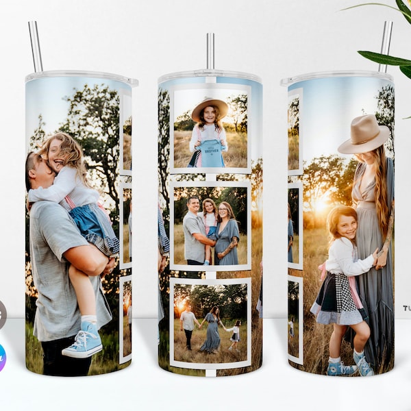 Fünf Fotobecher Design für Familie, Bildbecher Sublimation PNG Wrap & Canva Vorlage, personalisierte Fotocollage für 20 Unzen Skinny Tumbler