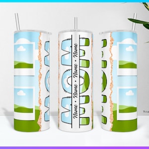 May include: A white tumbler with a blue and green design. The tumbler has a gold glitter accent and the word "MOM" written in black with the text "Name. Name. Name" underneath.