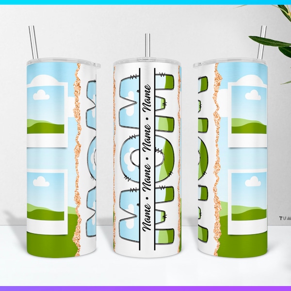Personalized Mom Picture Tumbler Canva Template, Photo Cup Wrap for Mama with the Names of Children, Mom Tumbler with Custom Text & Frames