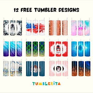 May include: Twelve free tumbler designs featuring various patterns and graphics. The designs include a skull, an American flag, a cheetah print, a unicorn, a galaxy, a plaid pattern, a woman with sunglasses, a marble pattern, a blue and white pattern, a woman with a crown, a glitter pattern, and a starry night sky.