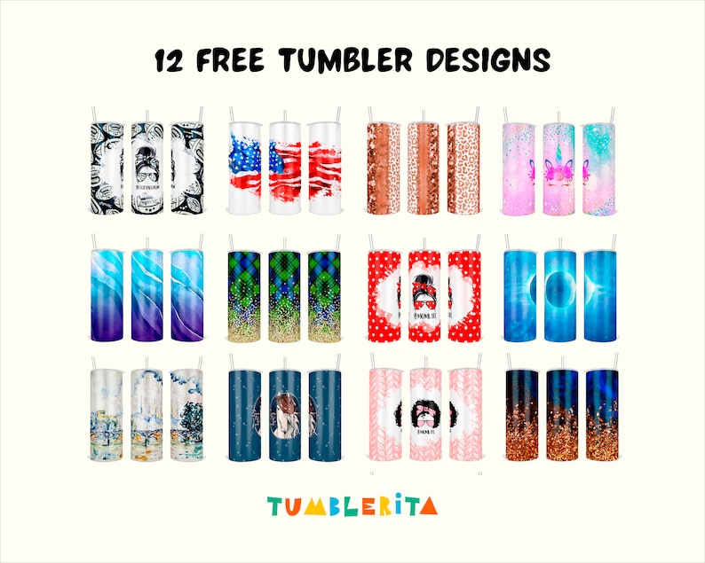 May include: Twelve free tumbler designs featuring various patterns and graphics. The designs include a skull, an American flag, a cheetah print, a unicorn, a galaxy, a plaid pattern, a woman with sunglasses, a marble pattern, a blue and white pattern, a woman with a crown, a glitter pattern, and a starry night sky.
