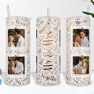 Mr and Mrs Picture Tumbler PNG Wrap and Canva Template, Wedding Anniversary Tumbler Design with 4 Photos, Personalized Cup Wrap for Couple