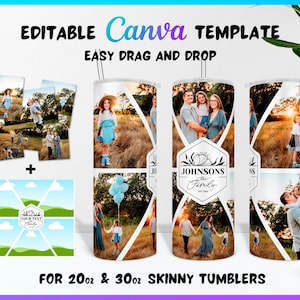Adicione suas fotos e nome de família modelo Canva de copo, design de copo de foto, molduras Canva, envoltório editável de arrastar e soltar para copos magros de 20 onças e 30 onças