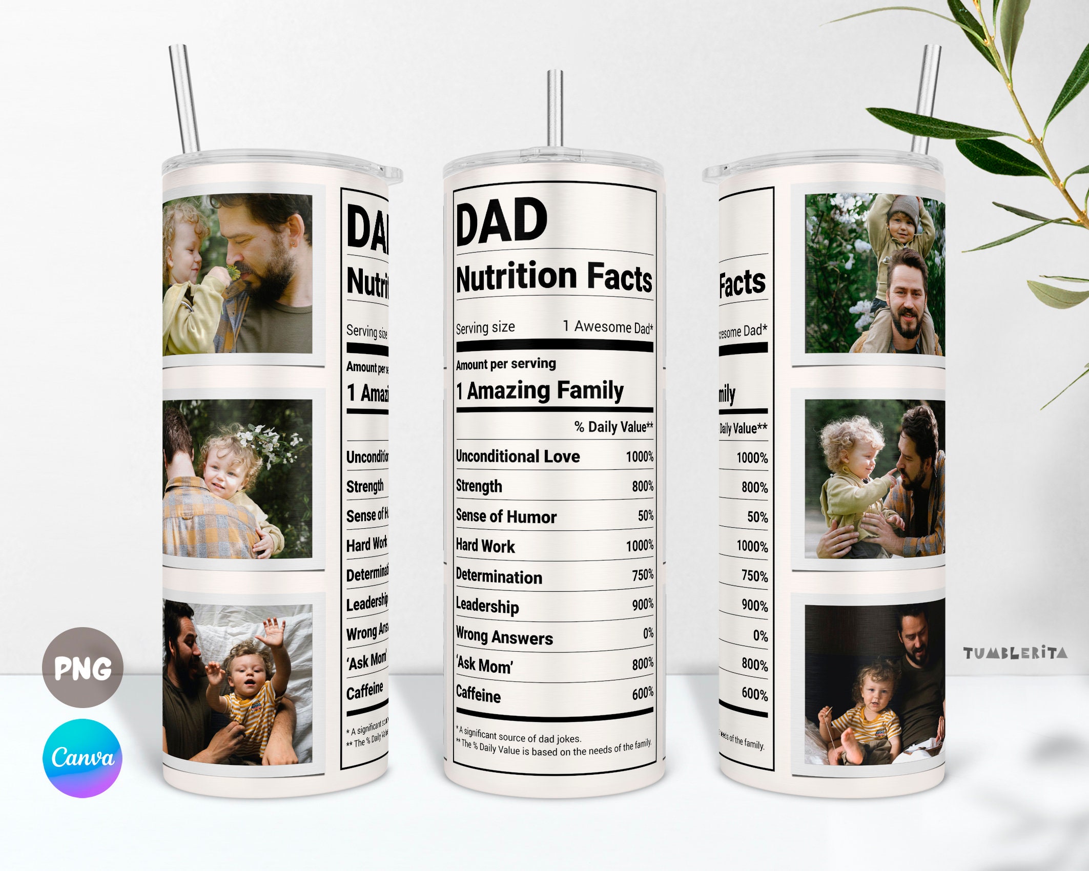 Dad Nutrition Facts Photo Tumbler PNG & Canva Wrap, Father Picture ...