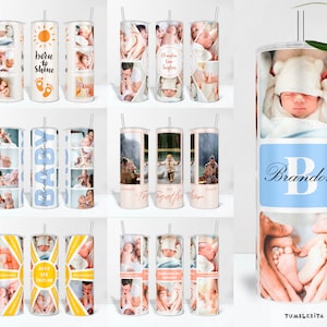 Baby Foto Tumbler PNG Wrap, personalisiertes Neugeborenen Cup Design, Tumbler mit Bildern & Namen eines Kindes, Kid Photo Collage Tumbler Template