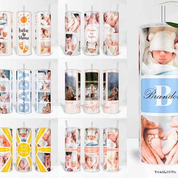 Baby Photo Tumbler PNG Wrap, Personalized Newborn Cup Design, Tumbler with Pictures & Name of a Child, Kid Photo Collage Tumbler Template