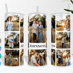 May include: A white tumbler with a collage of family photos. The photos are arranged in a grid pattern and feature a variety of people, including children, adults, and couples. The tumbler has a black band around the middle with the text "JOHNSONS" printed in white.
