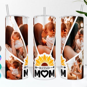 May include: A white tumbler with a collage of photos of a mother and her children. The tumbler has a sunflower design and the text "Blessed Mom" with a heart.