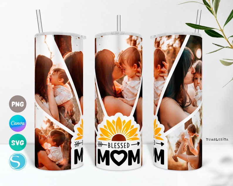 May include: A white tumbler with a collage of photos of a mother and her children. The tumbler has a sunflower design and the text "Blessed Mom" with a heart.