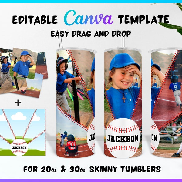 Personalized Baseball Photo Tumbler Canva Template, Name Sports Tumbler with Pictures, Photo Collage Tumbler for Baseball Fans, Gift for Son