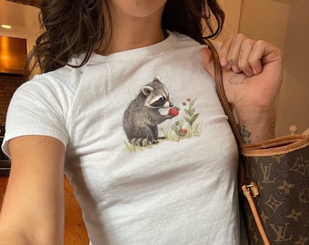 Strawberry Raccoon Shirt Y2K Baby Tee Racoon Tshirt Raccon Gift Cottagecore Vintage Trash Panda