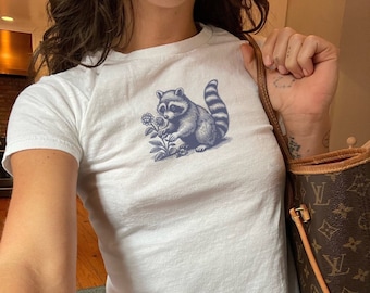 Raccoon Wildflowers Vintage Drawing Y2K Baby Tee Racoon Shirt Feral Raccon Nature Lover Gift Trash Panda