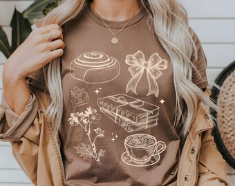 Cinnamon Girl Aesthetic Tee Collage Tshirt Vintage Aesthetic Cinnamon Roll Coquette Bow Ribbon Book Latte Shirt Comfort Colors