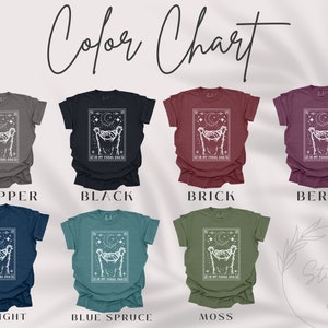 Puede incluir: Carta de colores que muestra diferentes colores de camisetas con un gr&aacute;fico de una luna y una criatura con el texto "In my feral era" impreso en la parte delantera. Los colores que se muestran son pimienta, negro, ladrillo, baya, medianoche, abeto azul y musgo.