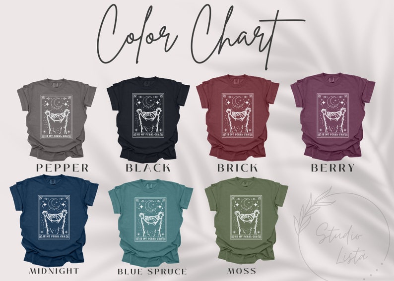 Puede incluir: Carta de colores que muestra diferentes colores de camisetas con un gr&aacute;fico de una luna y una criatura con el texto "In my feral era" impreso en la parte delantera. Los colores que se muestran son pimienta, negro, ladrillo, baya, medianoche, abeto azul y musgo.