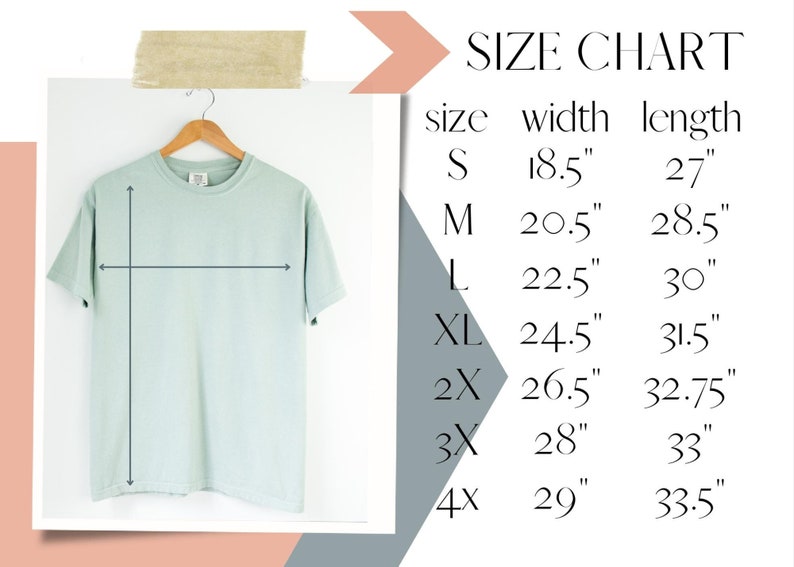 May include: Size chart for a t-shirt with measurements in inches. The chart shows the width and length of the shirt in sizes S, M, L, XL, 2X, 3X, and 4X.