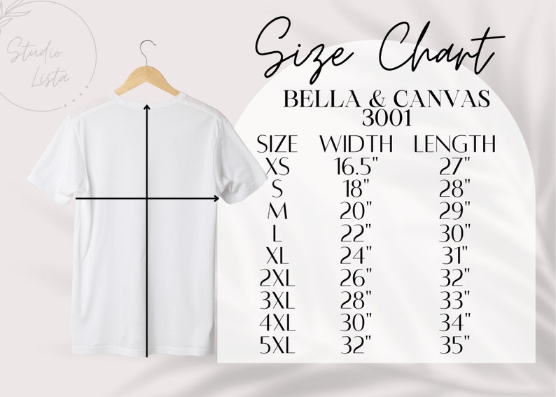 Puede incluir: Tabla de tallas para camisetas Bella + Canvas 3001, que muestra las medidas de ancho y largo en pulgadas para las tallas XS a 5XL.