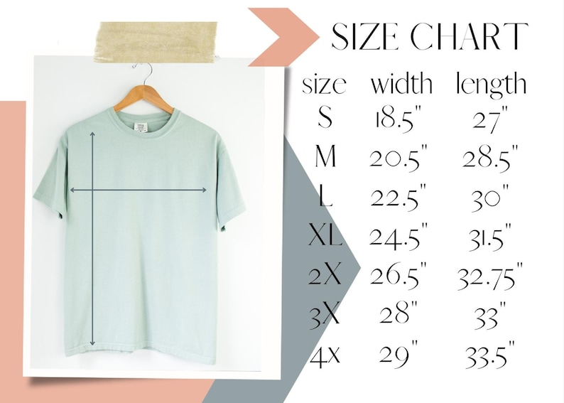 Puede incluir: Tabla de tallas para una camiseta con medidas en pulgadas. La tabla muestra el ancho y la longitud de la camiseta en las tallas S, M, L, XL, 2X, 3X y 4X.
